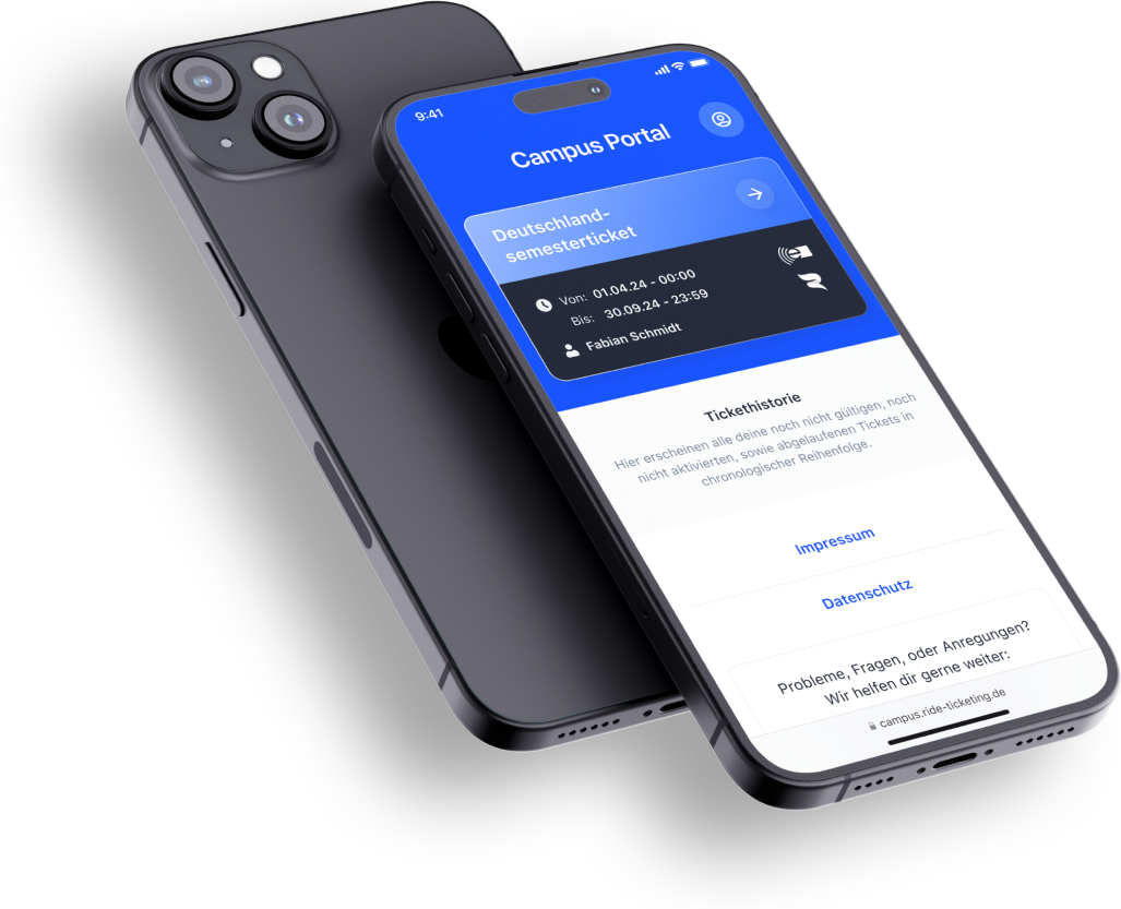 Das Bild zeigt zwei übereinander liegende IPhones. Das obere zeigt das Campus Portal von RIDE und von dem unteren IPhone sieht man nur die Rückseite.